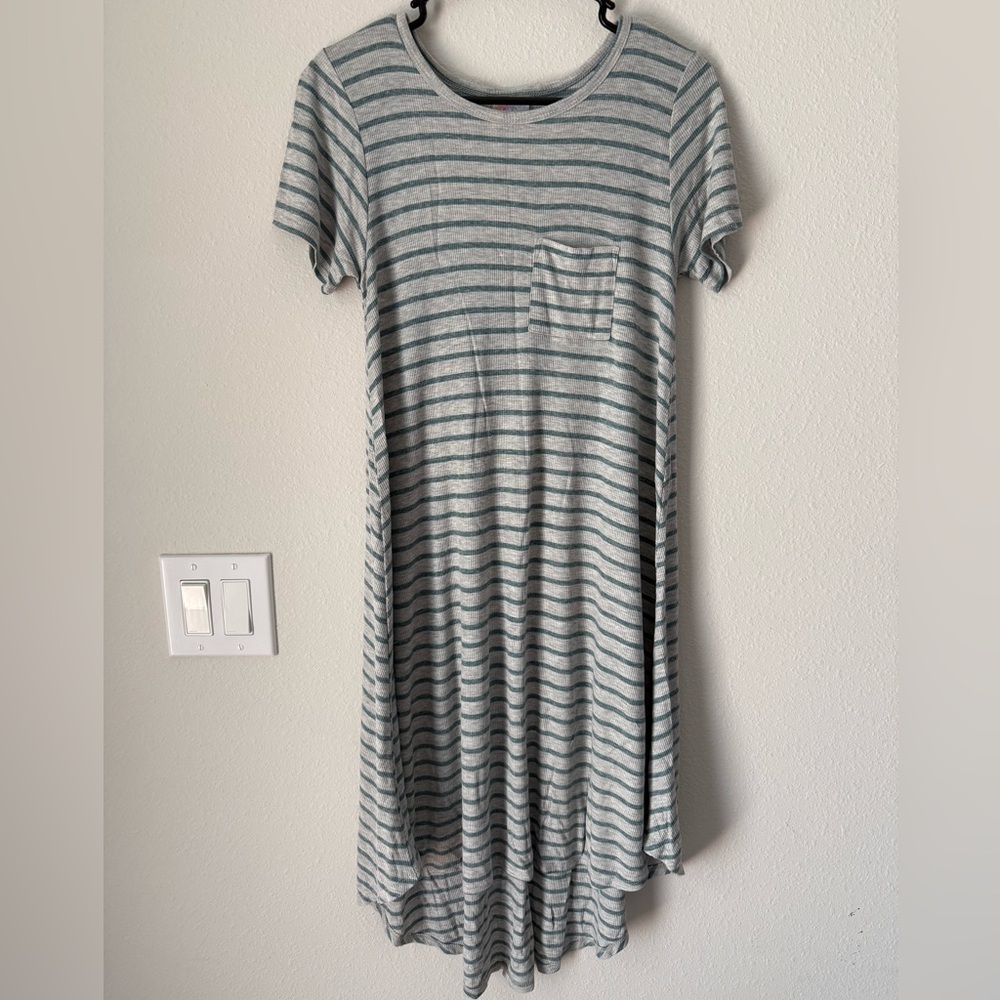 LuLaRoe Heathered Gray and Teal Striped Dress